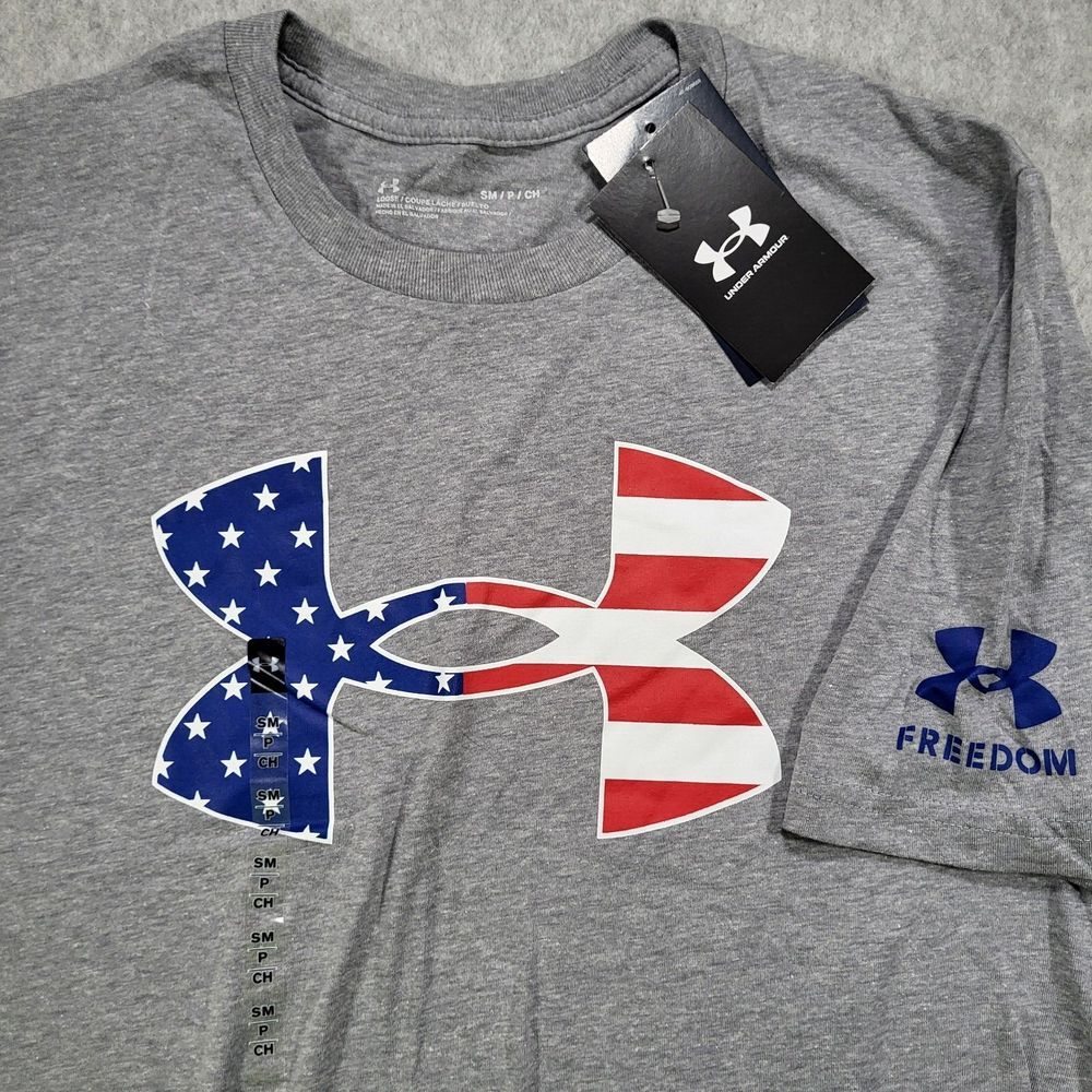 Under Armour Freedom Big Flag‎ Logo Short Sleeve Tshirt Mens Small Loose Gray